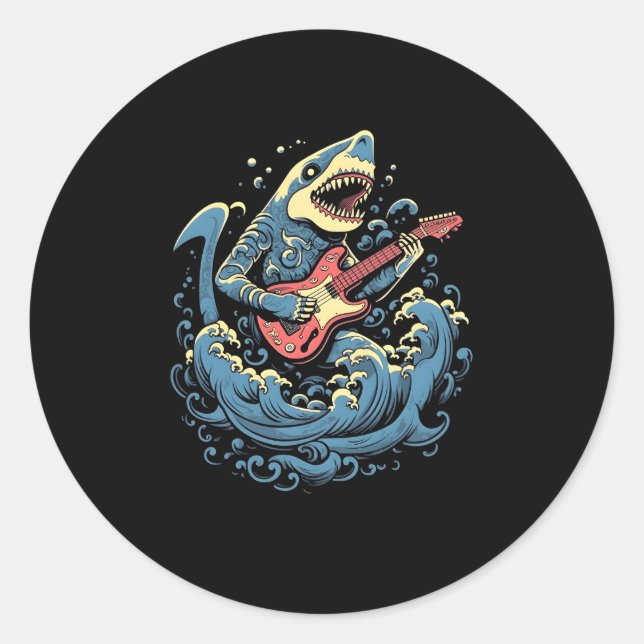 Shark Playing Guitar Guitarist Bassist Shark Classic Round Sticker (Front)