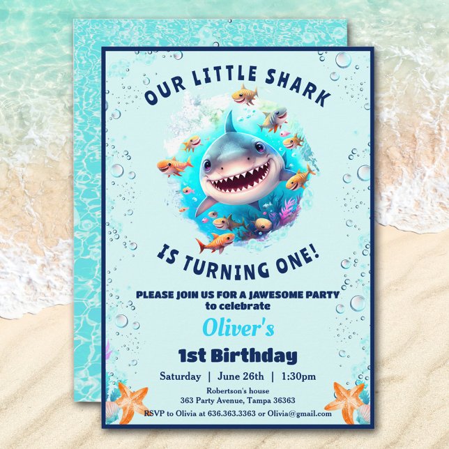 Shark Pool Birthday Party Boy 1st Birthday Invitation (Little Shark Pool Birthday Party Boy 1st Birthday)