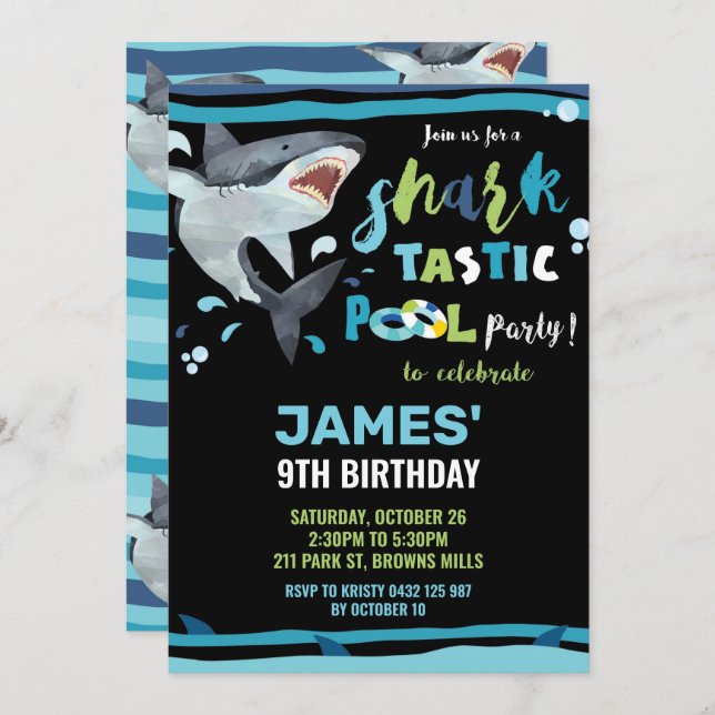 Shark Pool Birthday Party Shark-tastic Boy Invitation (Front/Back)