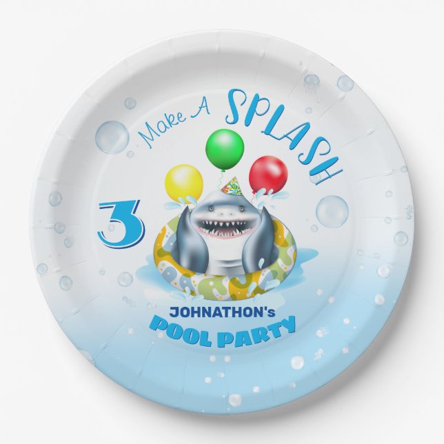 Shark Pool Party Kids Birthday Paper Plate (Front)