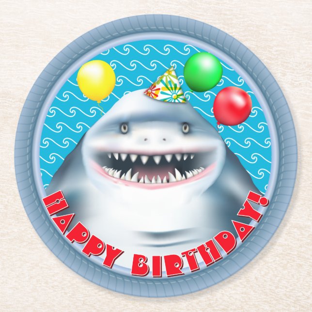 Shark Porthole Kids Birthday Party Round Paper Coaster (Front)