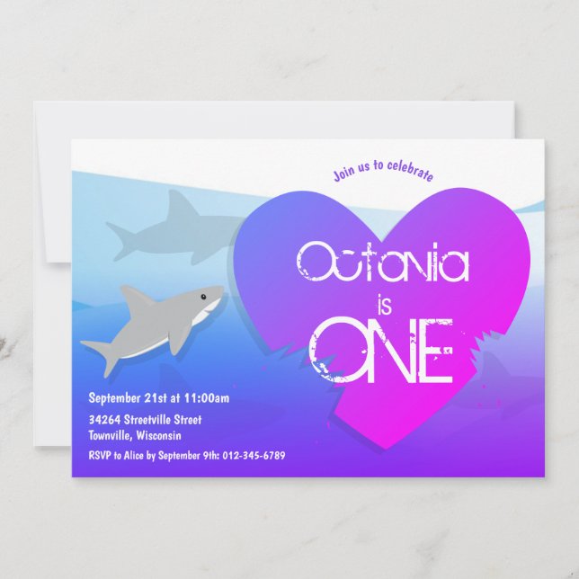 Shark Purple Pink First Birthday Party Invitation (Front)