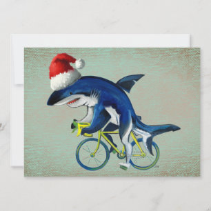 Shark Riding a Bicycle With Santa Hat Holiday Card
