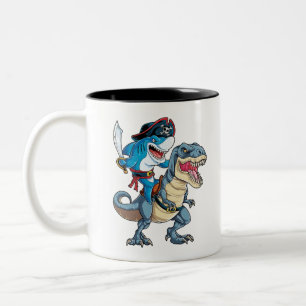 Shark Riding Dinosaur Pirate Shirt for Boys Girls Two-Tone Coffee Mug