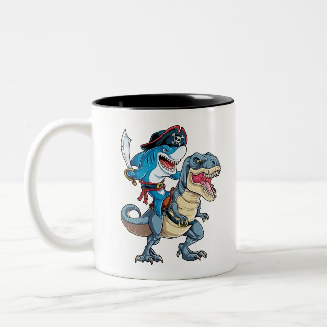 Shark Riding Dinosaur Pirate Shirt for Boys Girls Two-Tone Coffee Mug (Left)