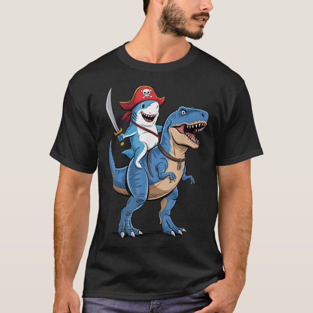 Shark Riding Dinosaur T Rex Pirate Gifts For Boy T-Shirt (Front)