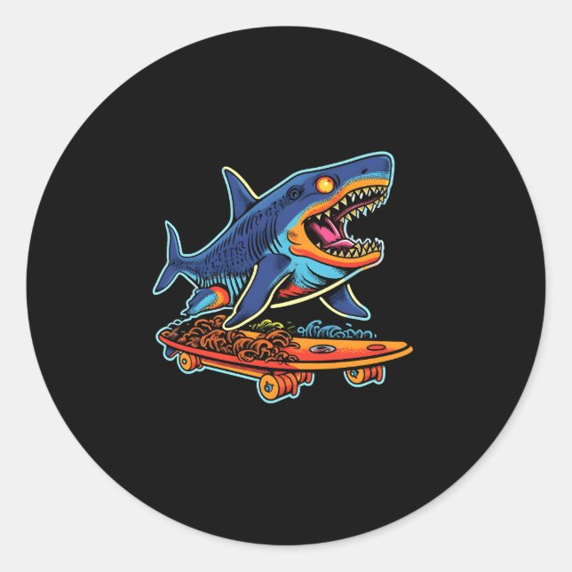 Shark Riding Skateboard Skateboarding Skating Pop Classic Round Sticker (Front)