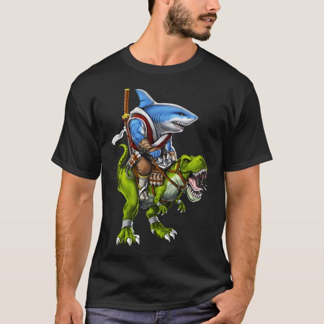 Shark Samurai Riding T-Rex Dinosaur T-Shirt (Front)