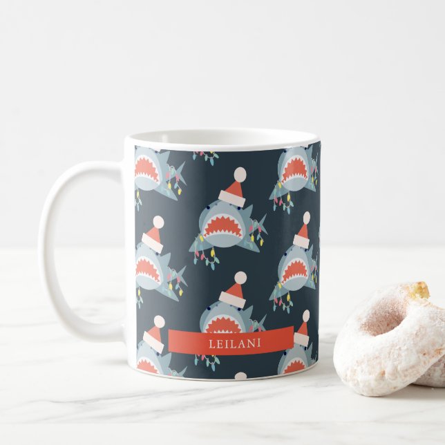 Shark Santa Christmas Holiday Lights Navy Blue Coffee Mug (With Donut)