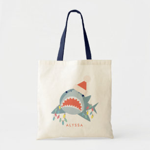 Shark Santa Christmas Holiday Lights Tote Bag