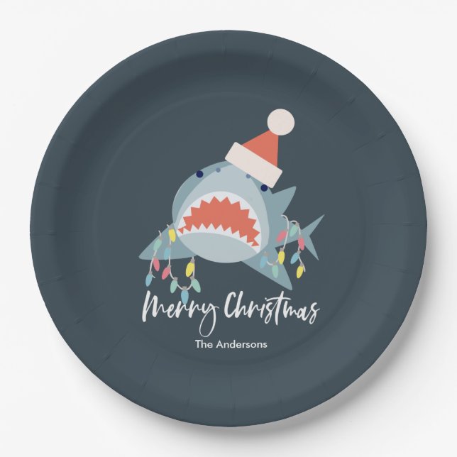 Shark Santa Claus Blue Christmas Holiday  Paper Plate (Front)