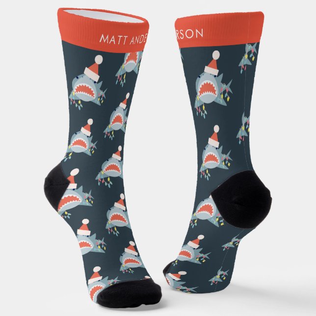 Shark Santa Claus Navy Blue Christmas Holiday Socks (Angled)