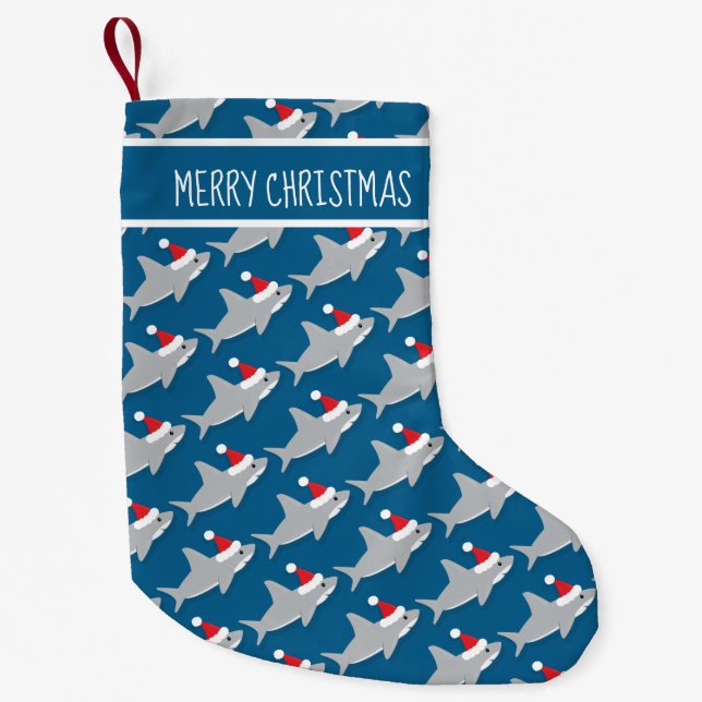 Shark Santa Hat Blue Grey Sharkmas Animal Small Christmas Stocking (Front)