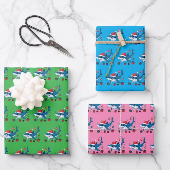 Shark Santa Hat Christmas Gift Wrapping Paper Sheet (Front)