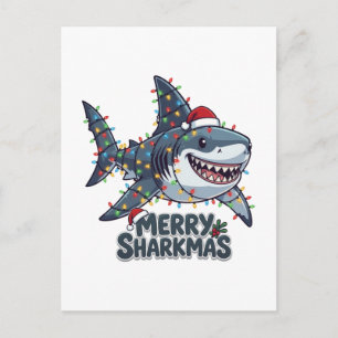 Shark Santa Hat Christmas Lights Merry Sharkmas Holiday Postcard
