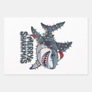 Shark Santa Hat Christmas Lights Merry Sharkmas Wrapping Paper Sheet