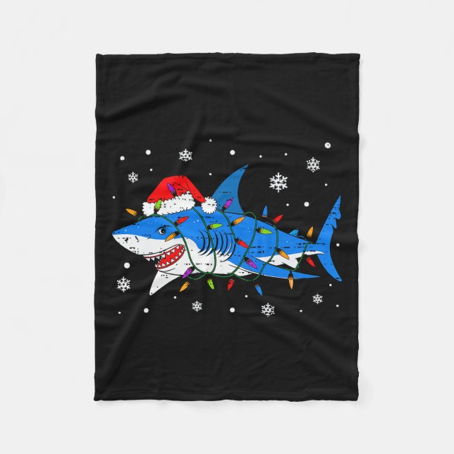 Shark Santa Hat Christmas Lights Xmas Pajama Men W Fleece Blanket (Front)