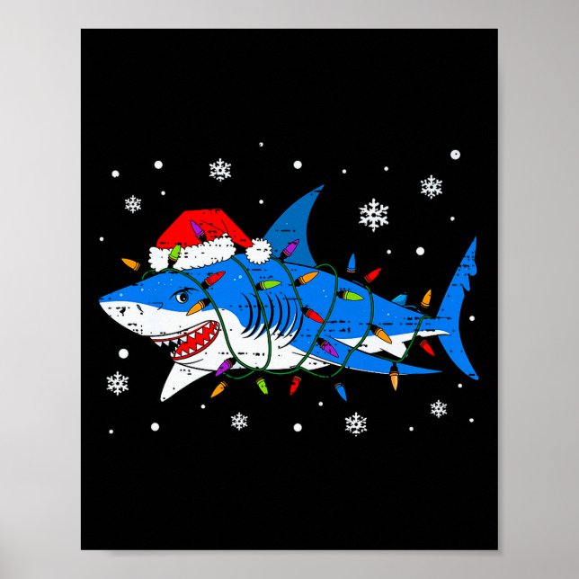 Shark Santa Hat Christmas Lights Xmas Pajama Men W Poster (Front)