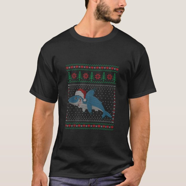 Shark Santa Hat Ugly Christmas Pajama Family Match T-Shirt (Front)