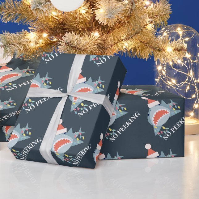 Shark Santa No Peeking Navy Christmas Holiday Wrapping Paper (Holidays)