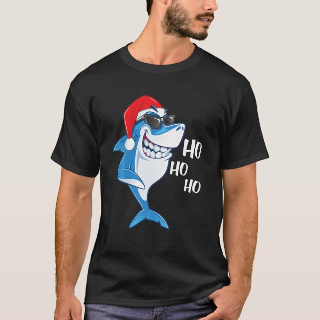 Shark Santa Tee Funny Shark Hat Lights Christmas X (Front)
