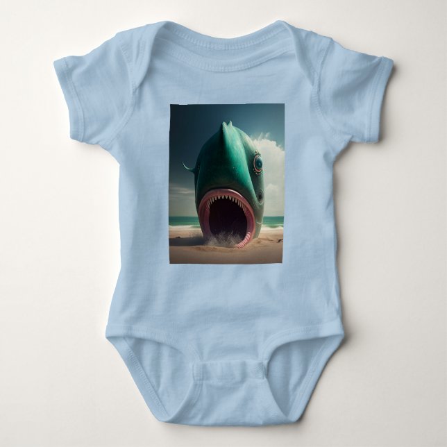 Shark sculpture on the beach baby bodysuit (Front)