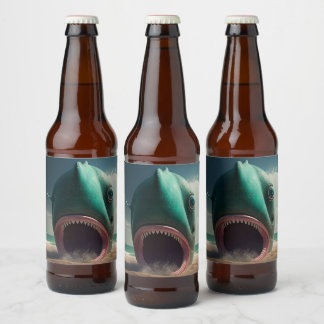 Shark sculpture on the beach beer bottle label