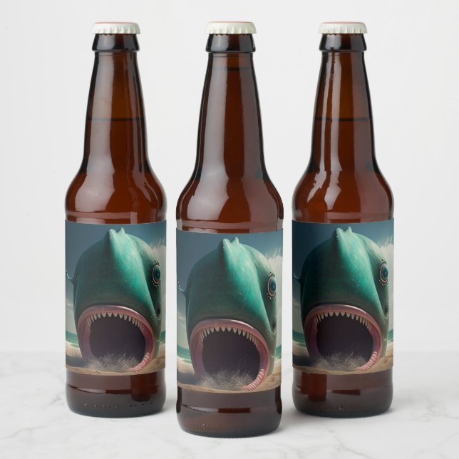 Shark sculpture on the beach beer bottle label (Bottles)