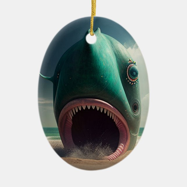 Shark sculpture on the beach ceramic tree decoration (Front)