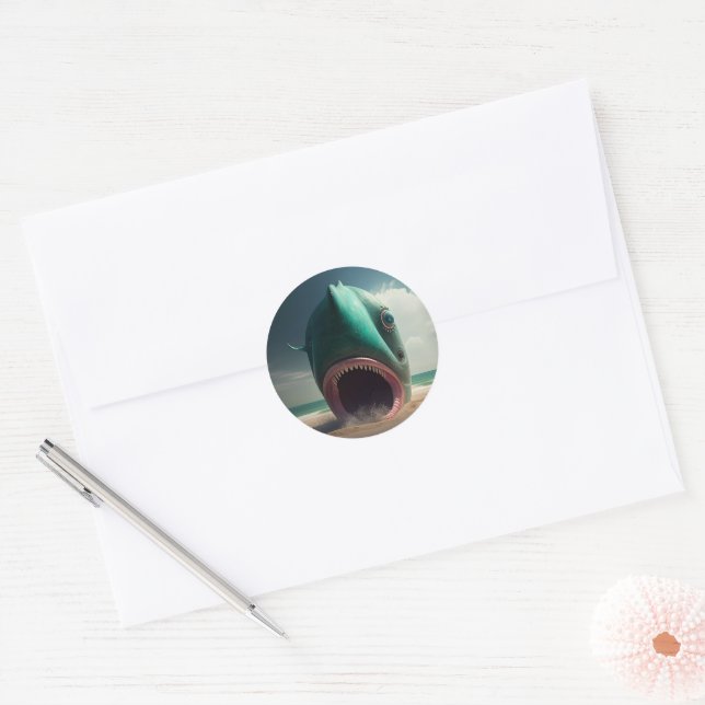 Shark sculpture on the beach classic round sticker (Envelope)