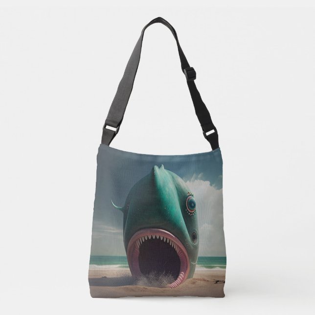 Shark sculpture on the beach crossbody bag (Front)