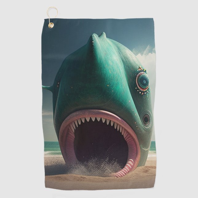 Shark sculpture on the beach golf towel (Front)