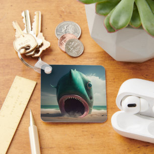 Shark sculpture on the beach key ring