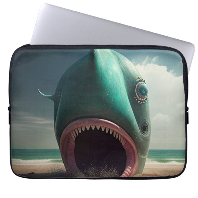 Shark sculpture on the beach laptop sleeve (Front)