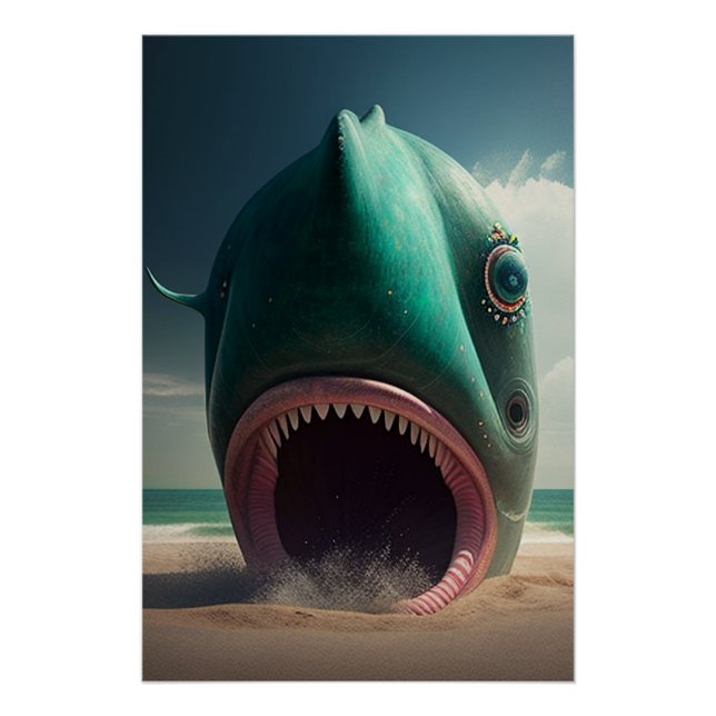 Shark sculpture on the beach poster (Front)