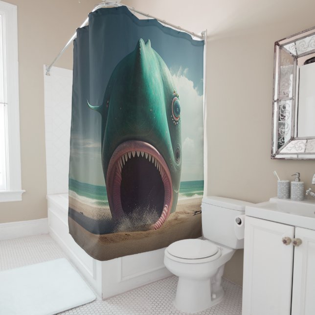 Shark sculpture on the beach shower curtain (In Situ)