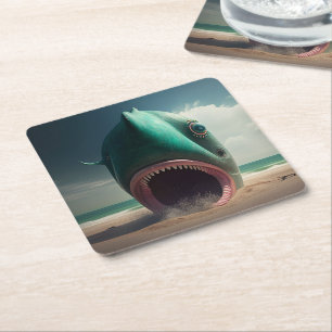 Shark sculpture on the beach square paper coaster