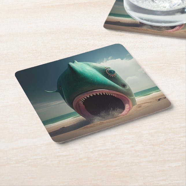 Shark sculpture on the beach square paper coaster (Angled)