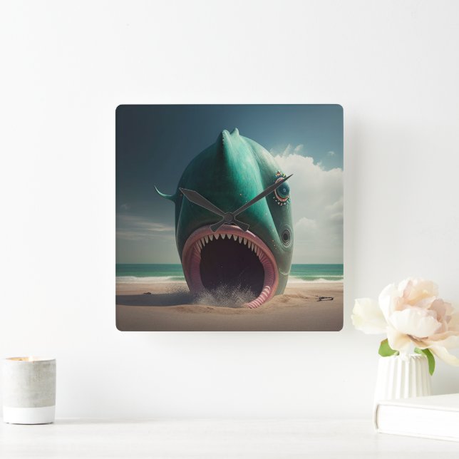 Shark sculpture on the beach square wall clock (Home)