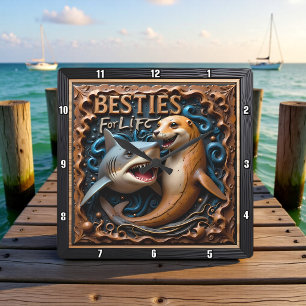 Shark Seal Aquatic Besties Square Wall Clock