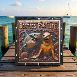 Shark Seal Dark Water Square Wall Clock