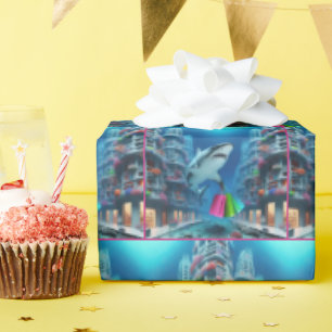 Shark Shopping In Underwater Downtown  Wrapping Paper