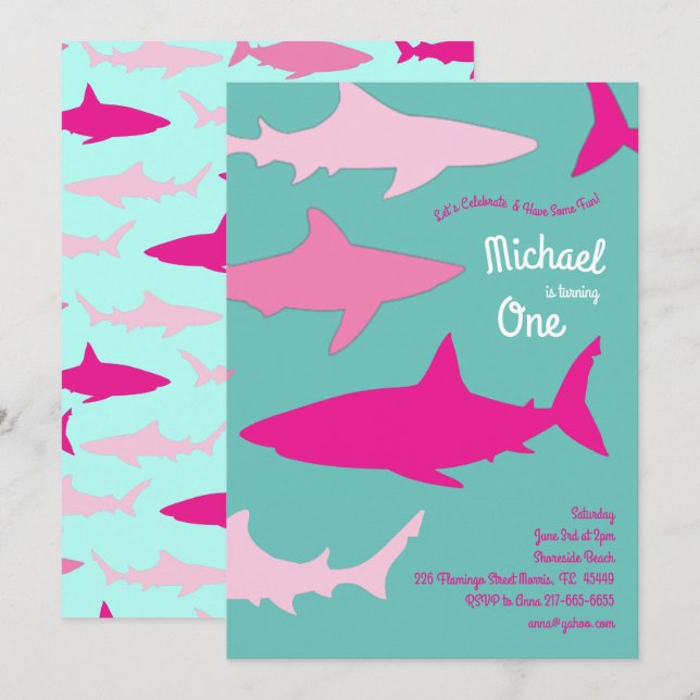 Shark Silhouette Cute Kids 1st Birthday Party Pink Invitation (Front/Back)