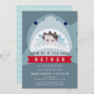 Shark Slate Blue Pool Boy Photo Birthday Invitation