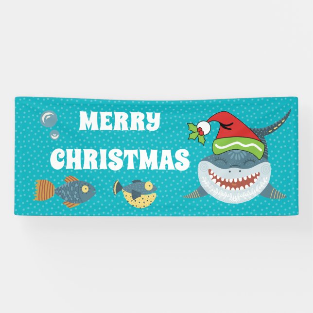 Shark smiling wearing elf hat Christmas aquarium Banner (Horizontal)
