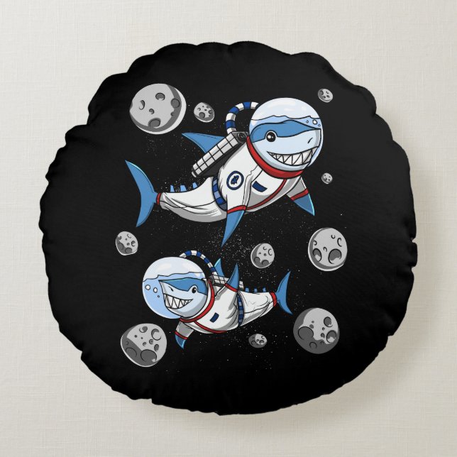 Shark Space Astronaut Cosmic Galaxy Round Cushion (Front)