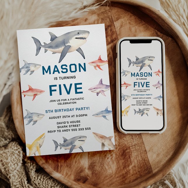 Shark Splash 5th Birthday Party | Cute Ocean Kids Invitation (Shark Splash 5th Birthday Party | Cute Ocean Kids Invitation)