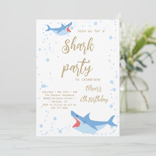 Shark Summer Party Splish Splash Birthday Bash Invitation (Standing Front)