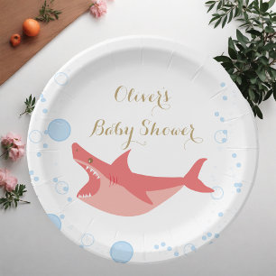 Shark Summer Red und Blue Bubbles Baby Shower Paper Plate