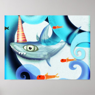 Shark Surfing Swirly Poster